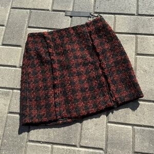 House of Harlow Boucle Mini Skirt Black Brown Houndstooth Tweed Designer NWT XS